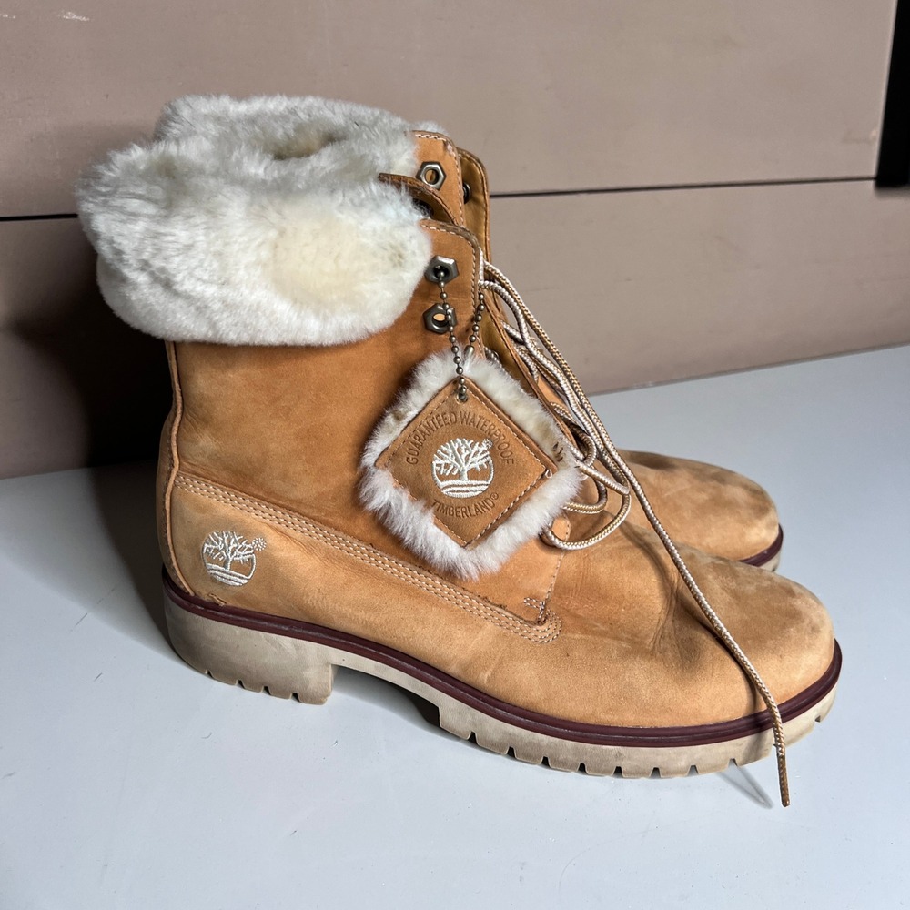 Timberland Waterproof Wheat Leather Faux Fur Trim Lace Up Boots Womens 7.5M